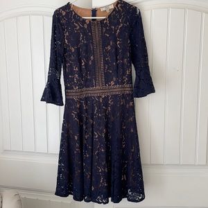 Navy lace bell-sleeve dress